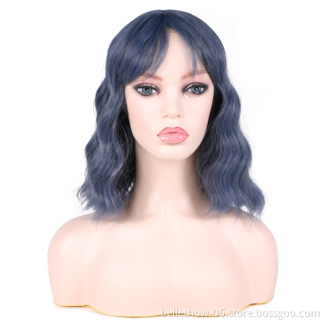 Hot sell astel Wavy Wig With Air Bangs Women's Short Bob Pink Wig Curly Wavy Shoulder Length Pastel Bob Synthetic Cosplay Wig